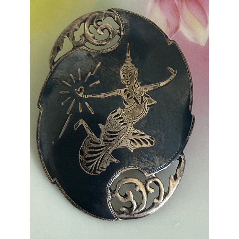 Vintage 40's Siam Sterling Silver Brooch Nielloware Goddess Dancer